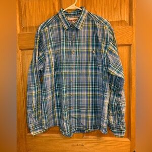 Men’s Wrangler Rugged Wear Blue Plaid Long-Sleeve Button Up Casual Shirt Size XL